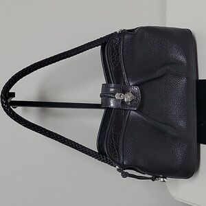 Brighton Vintage Leather Shoulder Bag Black Braided Handle Croc Embossed On Top.